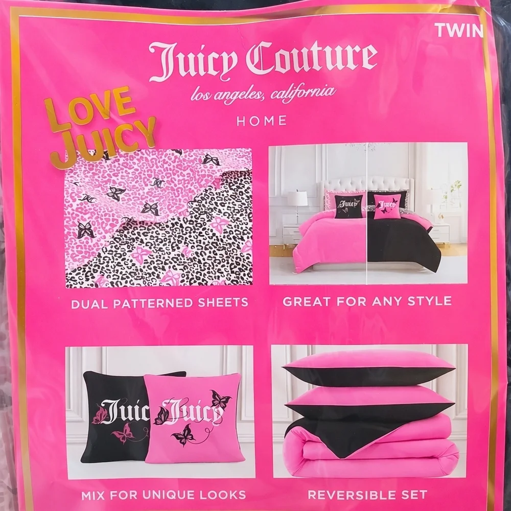 Juicy Couture 6 Piece Reversible Comforter Bed Set Pink & Black / Leopard - New